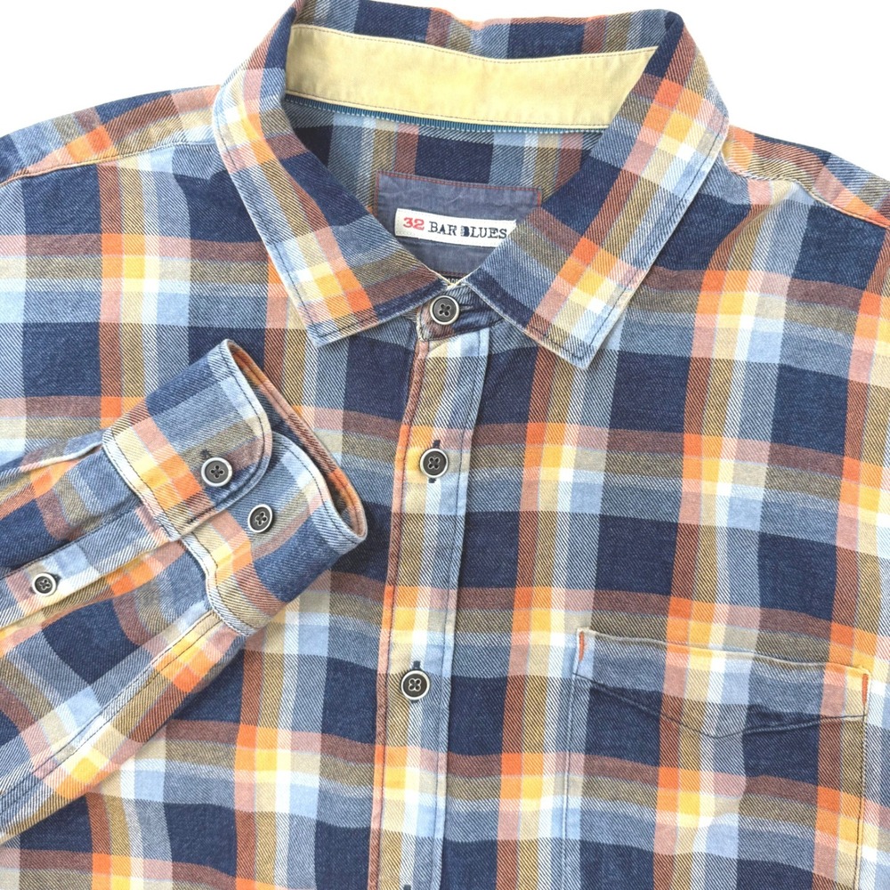 32 Bar Blues Mens XL Plaid Button Up Shirt Navy Blue Orange Cotton Long Sleeve